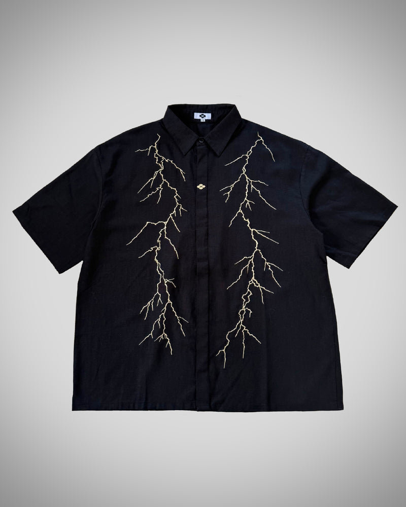 GAKKIN 雷鳴 LIGHTNING EMBROIDERY SHIRT 雷鳴 LIGHTNING EMBROIDERY SHIRT BLACK – GXX