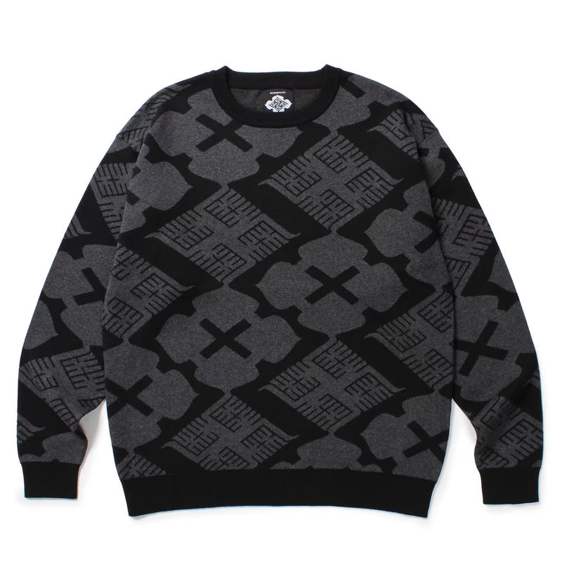 GAKKIN × BUDSPOOL 花罰家紋 COTTON KNIT JACQUARD SWEATER BLACK-CHARCOAL